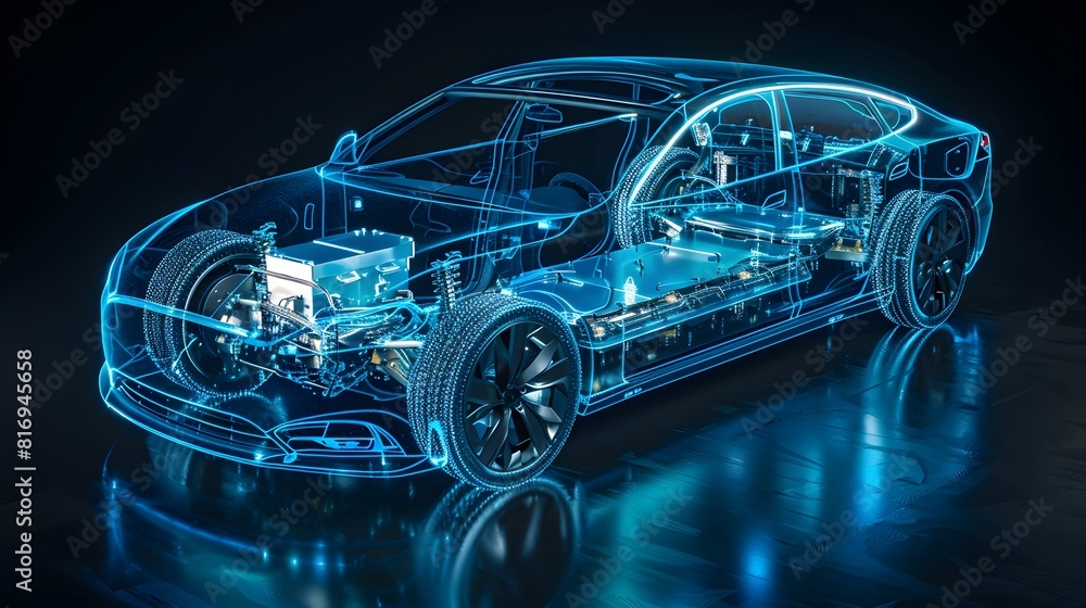An electric car with an illuminated transparent blue body, showing the internal structure of its power system and battery in detail.
An electric car with an illuminated transparent blue body, showing the internal structure of its power system and battery in detail.
