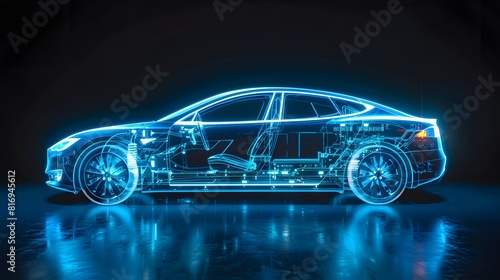 An electric car with an illuminated transparent blue body  showing the internal structure of its power system and battery in detail. 