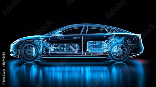 An electric car with an illuminated transparent blue body  showing the internal structure of its power system and battery in detail. 