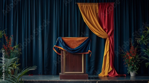 Red velvet curtain stage with a hidden wooden box for a theatrical or mysterious design