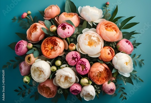 Creative layout bouquet made of various realistic flowers including rose lilly and other flowers with matellic colours with transparent royal background photo