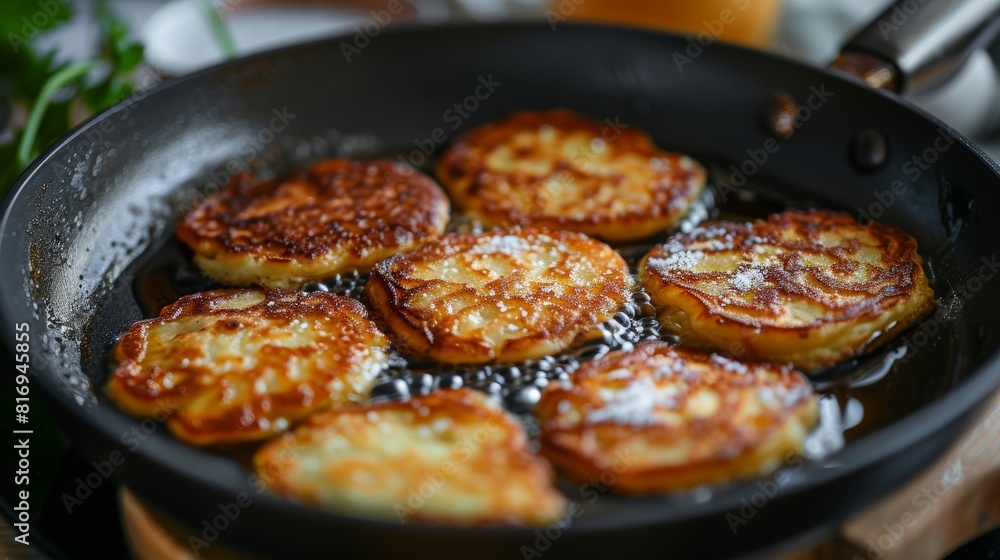 High-detail image of potato pancakes in the frying process, showcasing their crispy edges and golden color in a non-stick pan High-detail image of potato pancakes in the frying process, showcasing their crispy edges and golden color in a non-stick pan