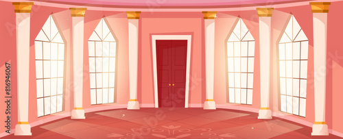 Ballroom hall background. Cartoon medieval castle interior with tall windows, royal grand hall vector illustration