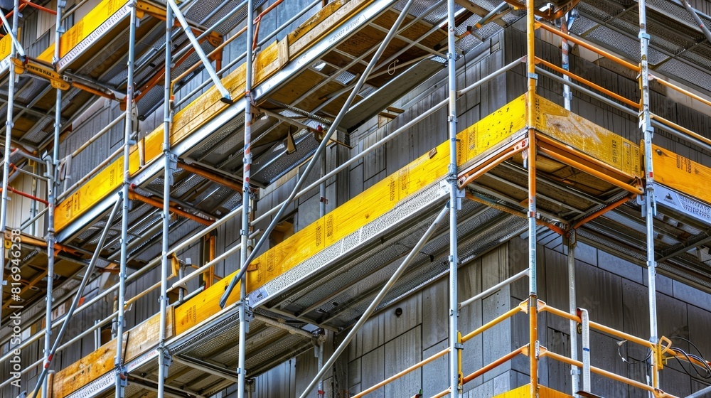 High-detail close-up of scaffolding used in the construction of a large building, emphasizing the architectural and engineering aspects High-detail close-up of scaffolding used in the construction of a large building, emphasizing the architectural and engineering aspects