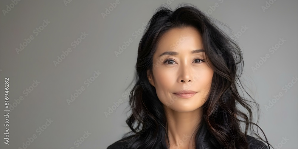 Portrait of a Middle-Aged Asian Woman with Long Wavy Hair Gazing at the Camera against a Gray Background. Concept Portrait Photography, Asian Culture, Long Hairstyles, Gray Background Portrait of a Middle-Aged Asian Woman with Long Wavy Hair Gazing at the Camera against a Gray Background. Concept Portrait Photography, Asian Culture, Long Hairstyles, Gray Background