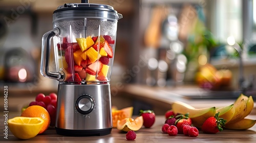 A stainless steel blender filled with fresh fruit slices and juice stands in the foreground of an inviting modern interior-for promotional materials 