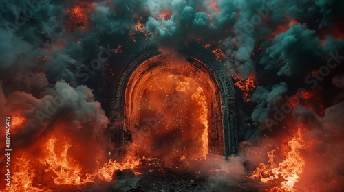 Hellish scene at a subway entrance where fiery lava and dense smoke transform the gate into a portal of hell, magma themed photo