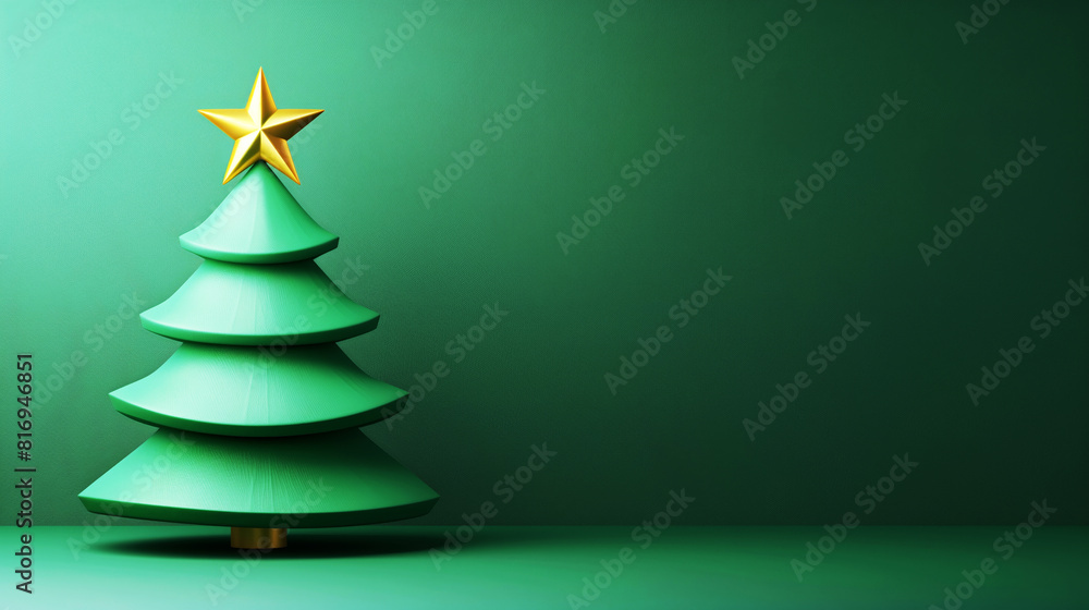Minimalistic Christmas tree with a golden star topper positioned against a plain green background, presenting a simple and modern holiday decoration. Minimalistic Christmas tree with a golden star topper positioned against a plain green background, presenting a simple and modern holiday decoration.