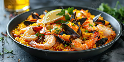 Delicious traditional Spanish paella dish with seafood, chicken, rice, vegetables and saffron in a large paella pan photo