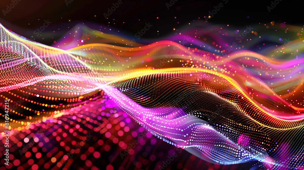 Abstract digital landscape with flowing waves of multicolored particles and light trails on a dark background, creating a dynamic and futuristic visual effect. Abstract digital landscape with flowing waves of multicolored particles and light trails on a dark background, creating a dynamic and futuristic visual effect.