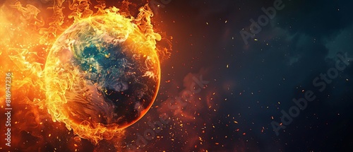 Global warming awareness campaign poster featuring Earth with rising temperatures visualized as flames, impactful digital art