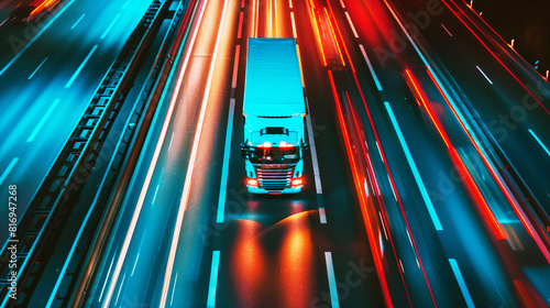 A night-time aerial shot of a truck driving on a busy highway, surrounded by colorful light trails from passing vehicles, emphasizing motion and transportation.