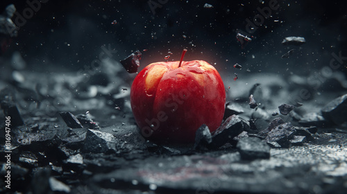 Apple laying on broken meteorite, dramatic, black background, dark vibes, cinematic, arriflex