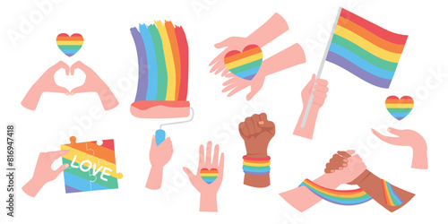 Flat LGBTQ pride stickers set. Symbol of the LGBT pride community. Rainbow elements. Bisexual, transgender, gender equality or relationship rights concept.