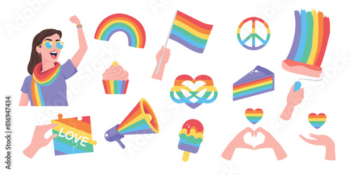 Flat LGBTQ pride stickers set. Symbol of the LGBT pride community. Rainbow elements. Bisexual, transgender, gender equality or relationship rights concept.