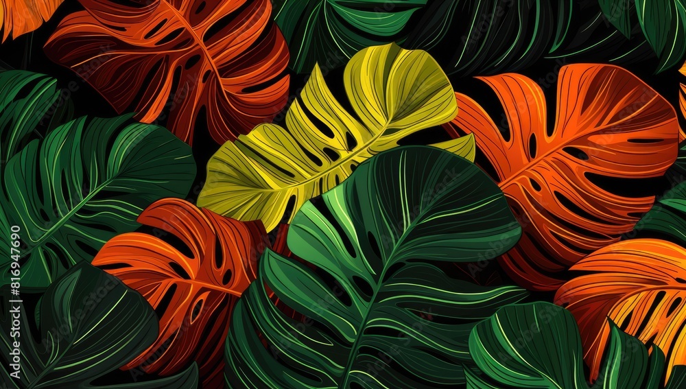 A colorful image of leaves and flowers with a bright yellow background A colorful image of leaves and flowers with a bright yellow background