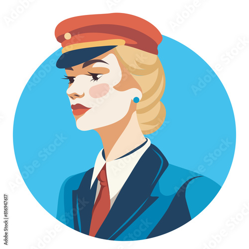 Vector avatar, icon. Female pilot, flight attendant. Vector graphics of women's occupations and professions. Feminism, gender equality, empowerment concept