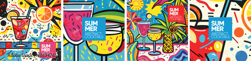 Summer vibe. Colorful abstract summer cocktail designs with vibrant patterns and playful elements, perfect for festive seasonal promotion. Illustrations for poster, background, flyer or greeting card