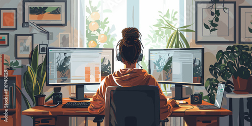 Vector illustration of a professional working at a dual-monitor setup in a cozy home office, surrounded by bookshelves and plants, perfect for remote work