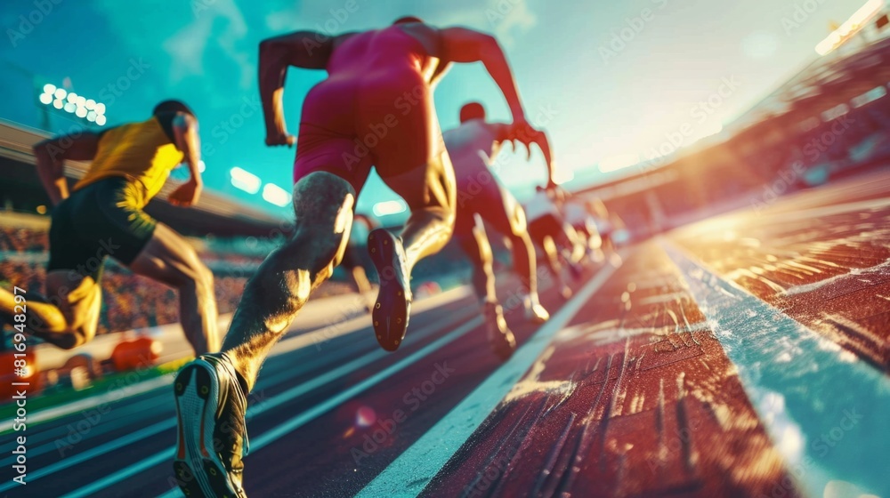 A group of runners are energetically racing on a track, showcasing their speed and endurance in a competitive setting. A group of runners are energetically racing on a track, showcasing their speed and endurance in a competitive setting.