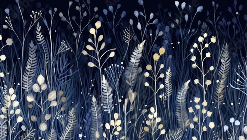 A blue and white floral pattern with white flowers