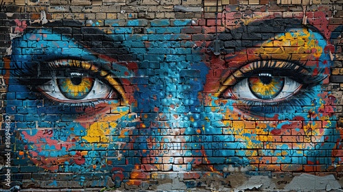 brick wall with a piece of street art that has evolved over time, reflecting the changing dynamics of the neighborhood or the artist's personal journey.stock photo