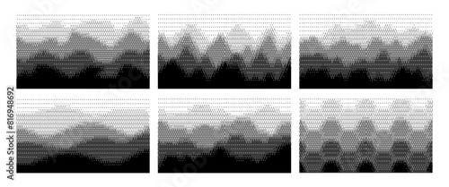 Abstract bitmap dithering layered backgrounds. Forest, waves, honeycomb and mountains landscapes with dither pixel and air perspective depth effect. Pixelated backdrop vector set