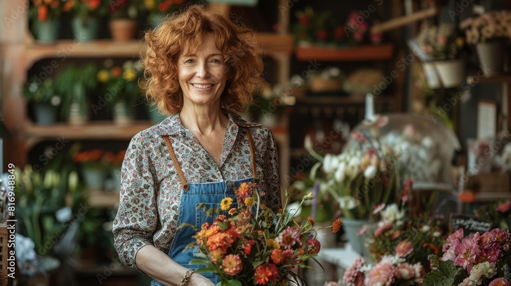 a smiling middle-aged woman with curly red hair, holding a bouquet of flowers, wearing a patterned blouse and jeans