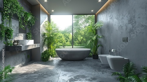 Outside Waterfall countertop and modern fixtures in luxurious bathroom.