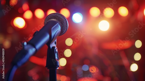 A microphone stands in front of a brightly lit stage, ready to amplify voices for a performance.