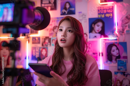 Korean female records herself with her smartphone camera, her surroundings infused with the colorful essence of K-pop culture photo