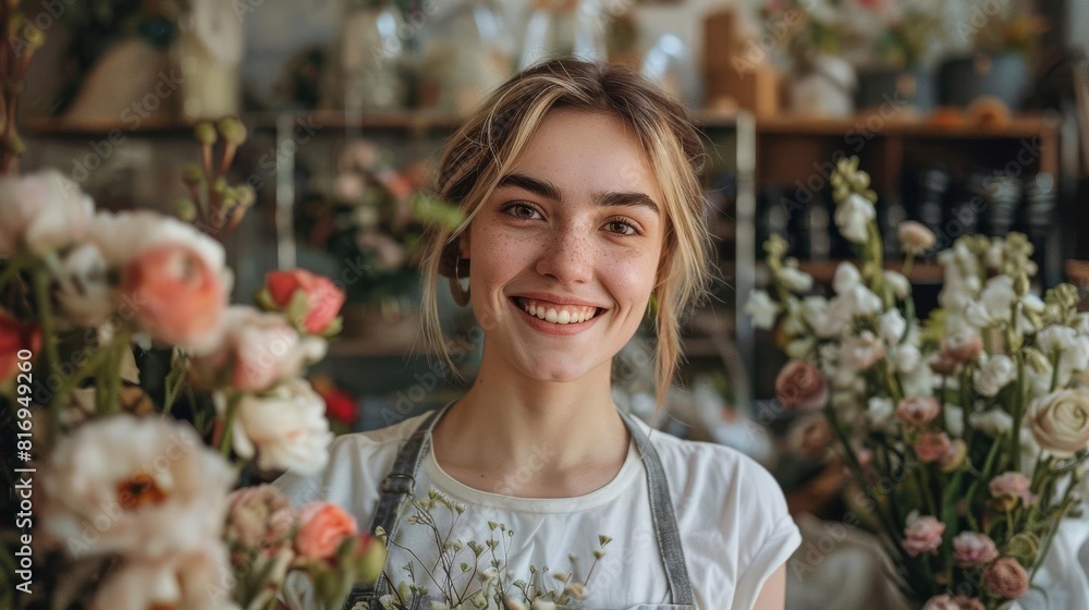 a smiling woman with a pixie cut and rosy skin tone, holding a bouquet of flowers, wearing a white apron, The flower shop has a chic, upscale look with elegantly arranged flowers