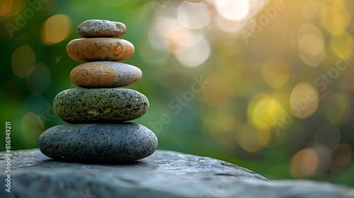 A stack of smooth stones balanced on top of each other  symbolizing balance and tranquility. Web banner with empty space.  