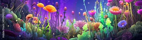 A beautiful,vibrant,and colorful digital painting of a lush enchanted flower garden with a variety of flowers and plants photo