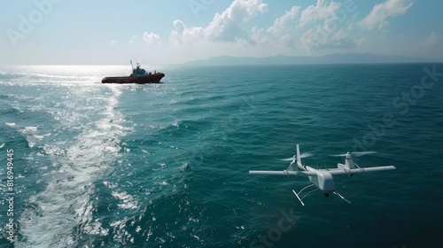 Capture the aerial perspective of drones patrolling maritime borders, providing real-time surveillance and monitoring of illegal activities such as smuggling and piracy  photo