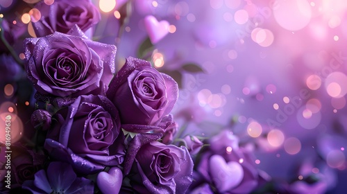 Fototapeta Naklejka Na Ścianę i Meble -  purple roses and purple hearts on purple background with bokeh lights, love wallpaper, purple flowers, purple valentine's day design, purple rose background.
