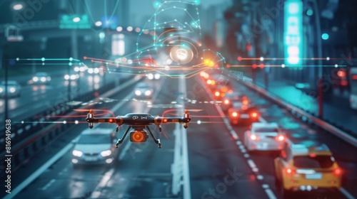  Depict AI algorithms optimizing delivery routes in real-time based on traffic conditions, weather forecasts, and customer preferences, with drones and autonomous vehicles adapting 