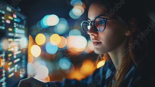 A woman with glasses is sitting at a desk, focusing on a computer screen in a dimly lit room during the night. © Emiliia