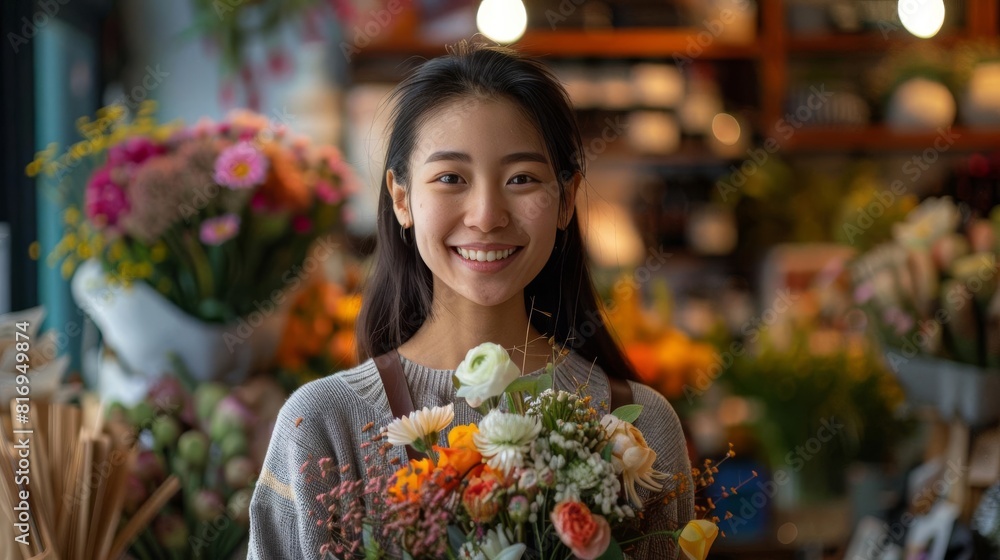 a smiling Asian woman with straight black hair, holding a bouquet of flowers, wearing a modern, minimalist outfit