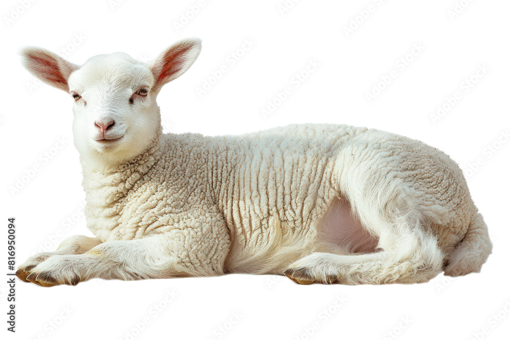 Fototapeta premium A white sheep is laying down on a white background, illustrations, clipart, isolated on a transparent background.