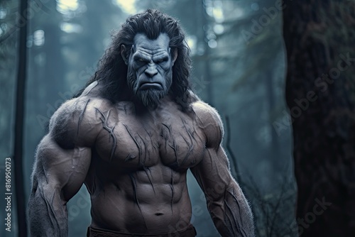 A man with a big  hairy face standing in the woods  half human and half beast-like. Generative AI