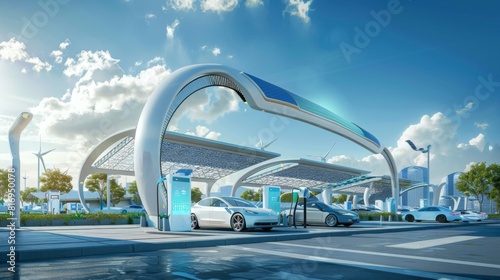 Depict a futuristic transport hub where electric and hydrogen-powered vehicles recharge/refuel, with renewable energy sources like solar panels and wind turbines powering the infrastructure  photo