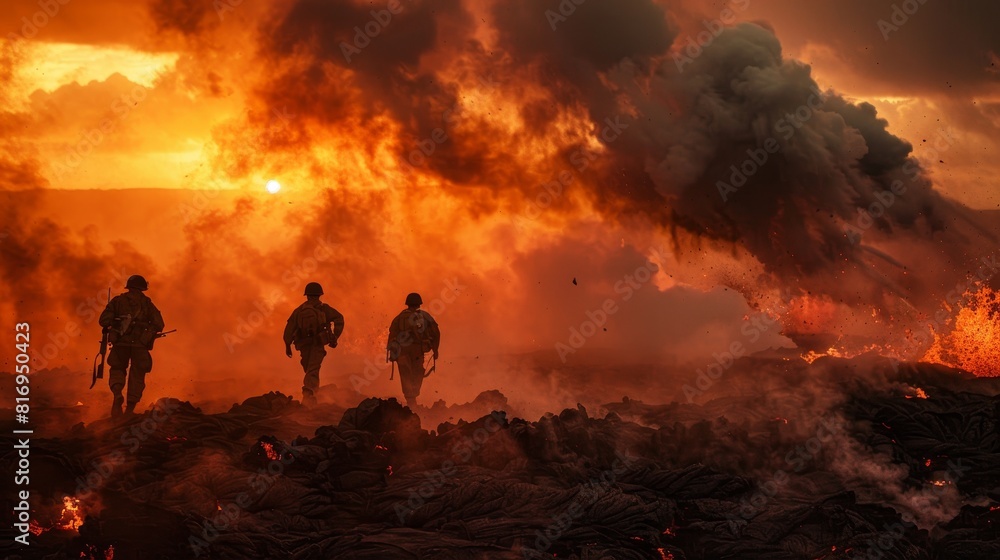 Memorial Day remembrance with a backdrop of fiery lava and dense smoke, symbolizing the fierce battle and sacrifice of fallen soldiers Memorial Day remembrance with a backdrop of fiery lava and dense smoke, symbolizing the fierce battle and sacrifice of fallen soldiers