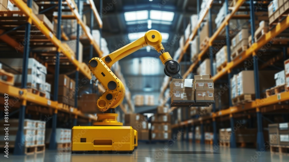 Illustrate a WMS system in action, with robotic arms seamlessly managing inventory in a state-of-the-art warehouse facility, showcasing efficiency and precision Illustrate a WMS system in action, with robotic arms seamlessly managing inventory in a state-of-the-art warehouse facility, showcasing efficiency and precision