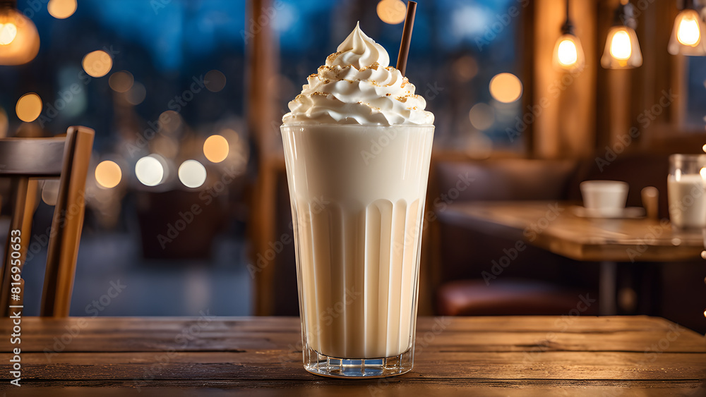 a cup of whipped cream sits on a table in front of a window. a cup of whipped cream sits on a table in front of a window.