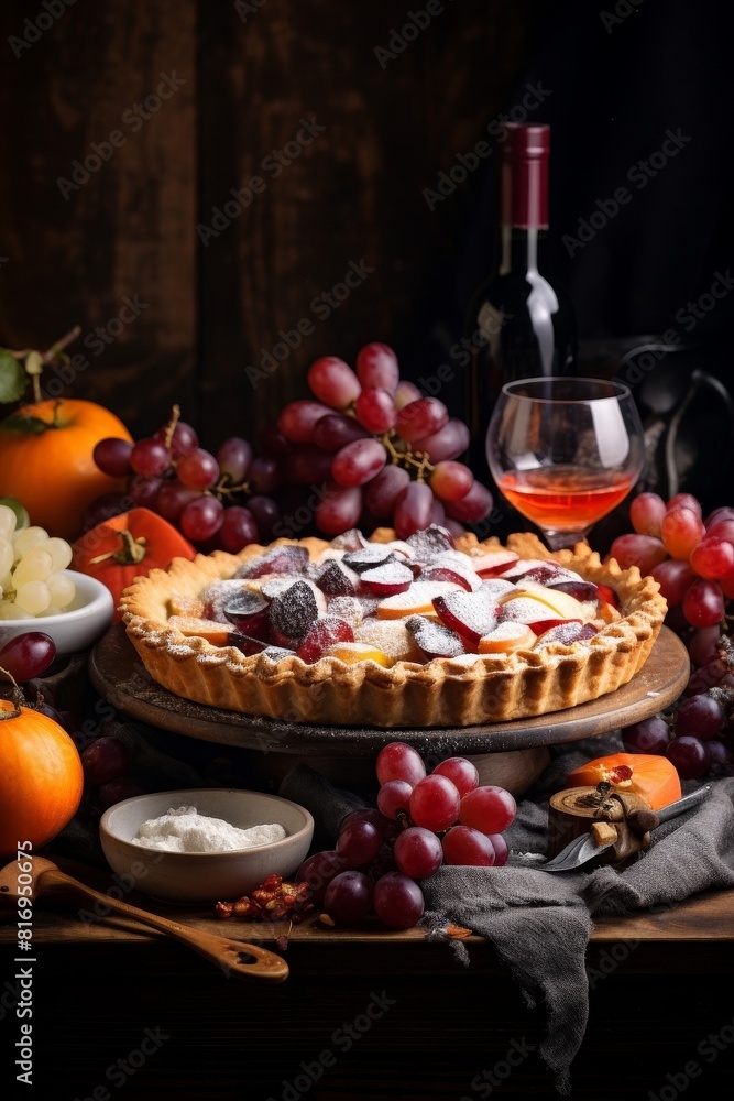 Pie with grapes and fruit on table