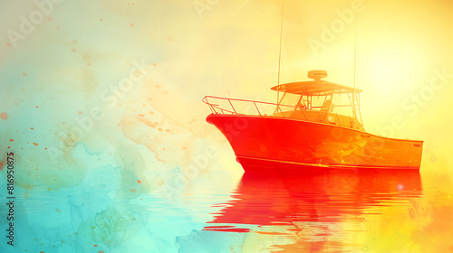 A boat is floating on a lake with a bright orange sun in the background