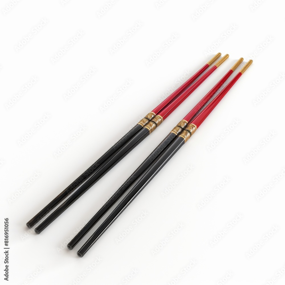Three chopsticks, two black and one red, arranged on a white surface Three chopsticks, two black and one red, arranged on a white surface
