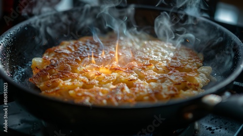 Intimate close-up of potato pancakes cooking to a golden-brown in a speckled non-stick pan, highlighting the appealing texture and sizzle photo