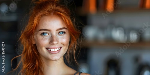Young redheaded woman with blue eyes and a bright smile at home. Concept Indoor Photoshoot, Redhead Model, Bright Home Decor, Smiling Portraits